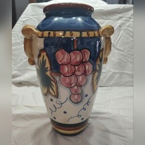 Vintage Painted Italian Style Ceramic Grape Motif Vase With Lion Head Handle